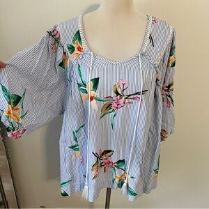 Oddi Blue Stripe Floral Peasant Blouse 1X Tassel Tie top shirt boho